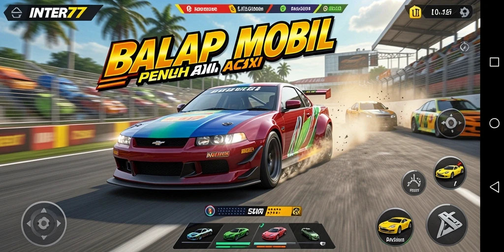 Screenshot utama INTER77 menampilkan aksi balap mobil yang mendebarkan.