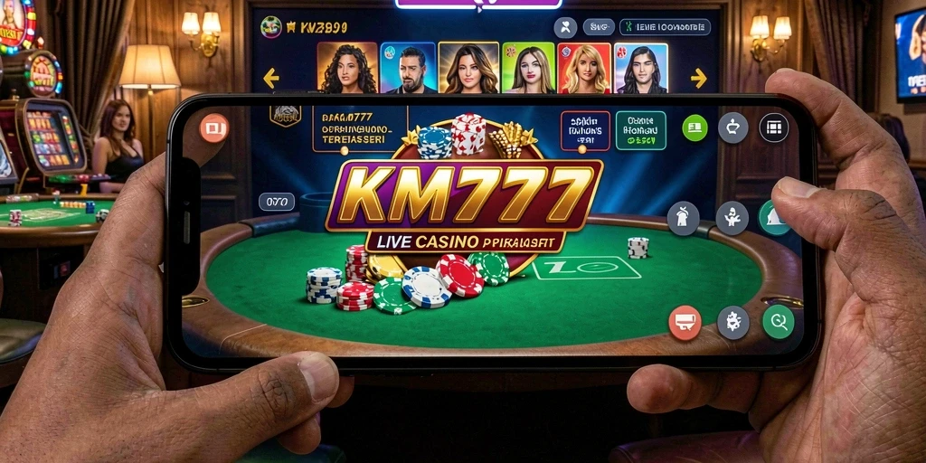 Screenshot gameplay KM777 menampilkan dealer langsung dan permainan seru.