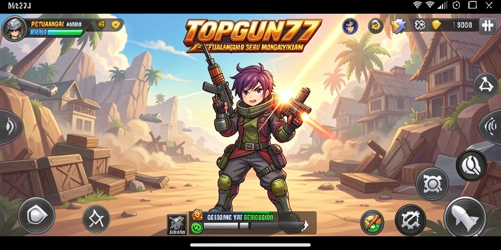 Screenshot gameplay TOPGUN77 menampilkan karakter anime yang sedang bertempur.